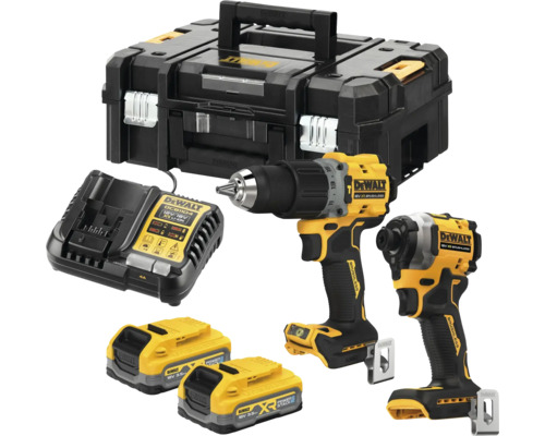Set mașină de găurit DCD805 și mașină de înșurubat cu impact DCF850 pe bază de acumulator DeWalt DCK2050S2T, , mat. tare max. 812Nm, 650r/minincl. 2x3,5Ah și încărcător Set de scule fără fir Dewalt cu burghiu, driver de impact, încărcător, două baterii și cutie de scule