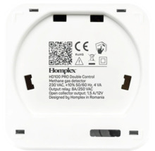 Partea din spate a unui detector de gaz metan cu control dublu Homplex HD100 PRO cu marcaj CE și RoHS