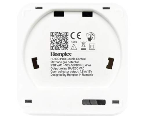 Partea din spate a unui detector de gaz metan cu control dublu Homplex HD100 PRO cu marcaj CE și RoHS