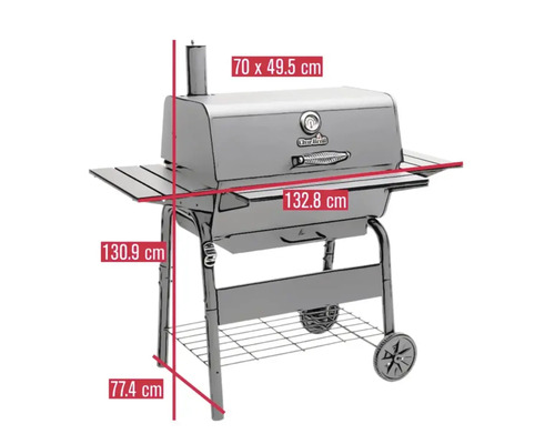 Grătar pe cărbune cu dimensiunile 70 x 49,5 cm, lățime 132,8 cm și înălțime 130,9 cm