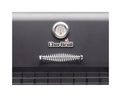 Imagine detaliată a unui grătar Char Broil cu indicator de temperatură și mâner