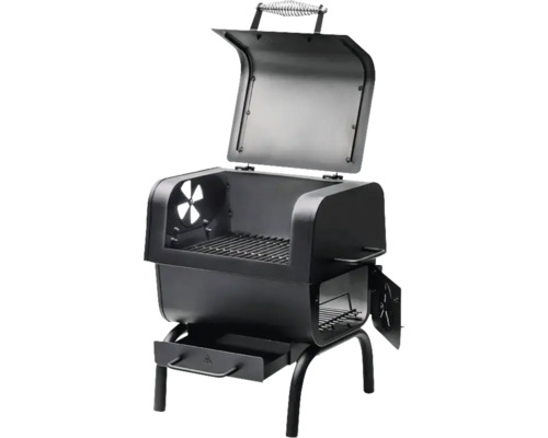 Grătar negru cu cărbune, cu capac deschis și regulator de aer