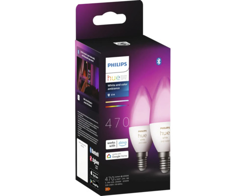 Pachet cu două becuri Philips Hue E14 cu ambianță albă și colorată