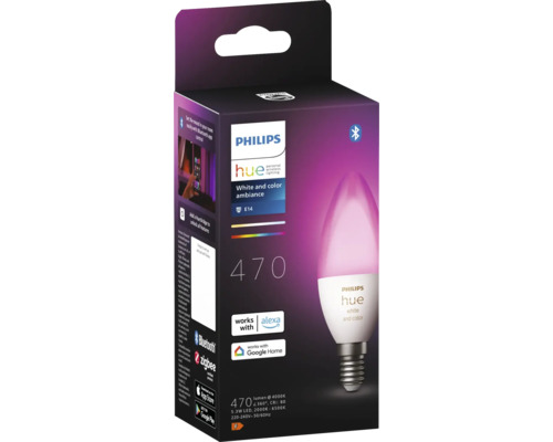 Bec Philips Hue White and Color Ambiance E14 în ambalajul produsului