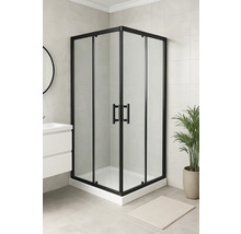 Cabină de duș pe colț cu cadru negru în baie