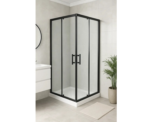 Cabină de duș pe colț cu cadru negru în baie