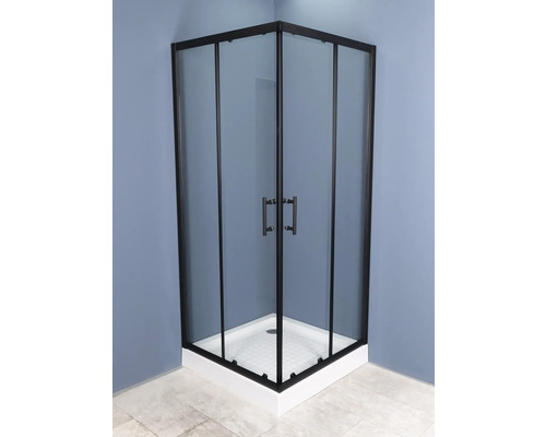 Cabină de duș pe colț cu sticlă clară și cadru negru pe cadă de duș