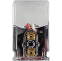 Prim-plan cu o bornă de conectare transparentă pentru conductoare electrice