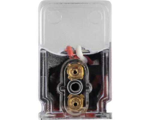 Prim-plan cu o bornă de conectare transparentă pentru conductoare electrice