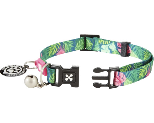 Zgardă pentru pisici cu model tropical, închidere de siguranță, clopoțel și etichetă cu adresă