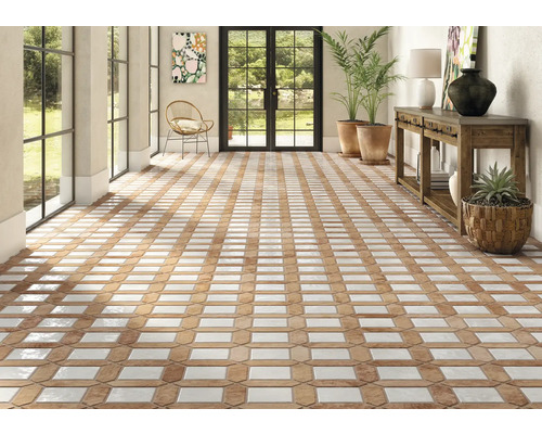 Gresie exterior / interior porțelanată glazurată Arenta Coto Mix 40x60 cm Cameră luminoasă cu gresie în model geometric