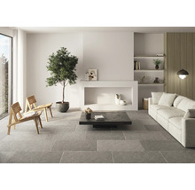 Cameră de zi luminoasă cu canapea, masă, scaune și plantă