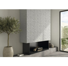 Living modern cu șemineu și perete decorativ din piatră