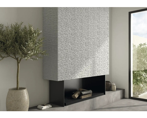 Living modern cu șemineu și perete decorativ din piatră