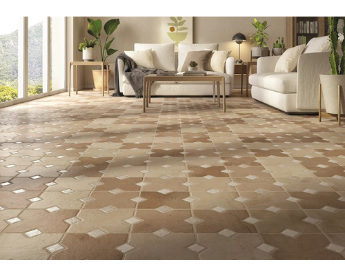 Gresie exterior / interior porțelanată glazurată Ruanes Coto 40x60 cm Living cu gresie de podea în stil marocan, canapele albe și mese din lemn