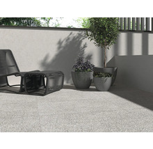 Spațiu exterior cu pavaj, fotoliu lounge și jardiniere