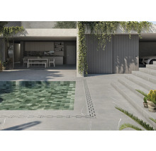 Exterior cu piscină, podea cu gresie și design peisagistic.