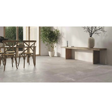 Cameră luminoasă cu podea cu gresie, masă de sufragerie și elemente decorative