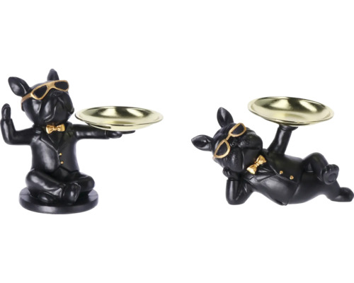 Decorațiune buldog rășină 19x11 cm, 2 modele Figurine decorative bulldog cu tavă de depozitare