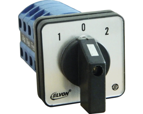 Comutator cu came Elvon EV126 1-0-2 2P 32A Comutator rotativ cu pozițiile 0, 1 și 2 și logo-ul Elvon