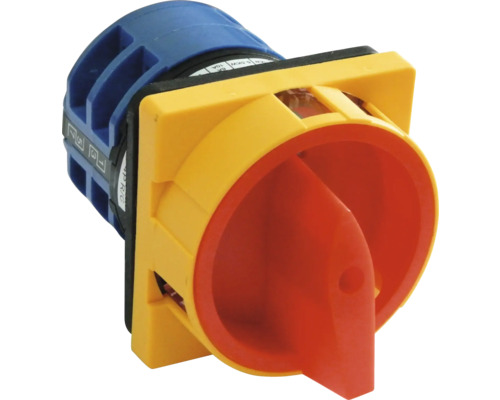 Întrerupător principal cu mâner roșu și cadru galben