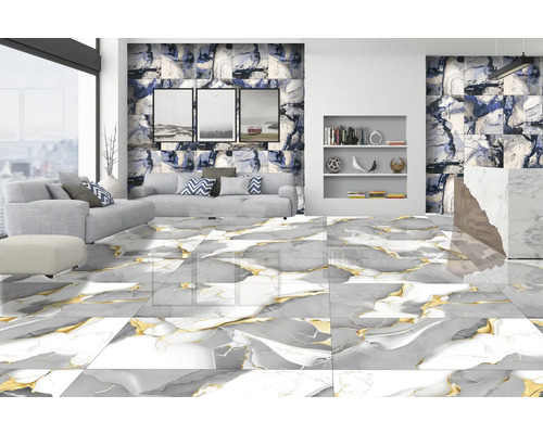 Cameră de zi luminoasă, cu gresie de marmură gri, canapea gri și design decorativ al pereților