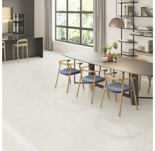 Cameră de zi luminoasă cu masă, scaune și rafturi