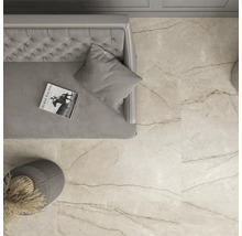 Vedere cu gresie în sufragerie cu canapea, pernă, carte și decorațiuni