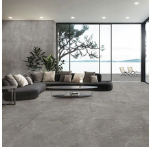 Cameră de zi luminoasă cu gresie gri cu aspect de marmură, canapea și vedere la lac