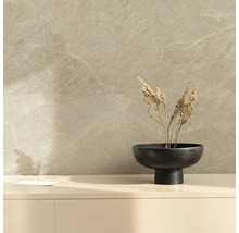 Plăci de perete cu aspect de piatră în spatele bufetului cu decorațiuni