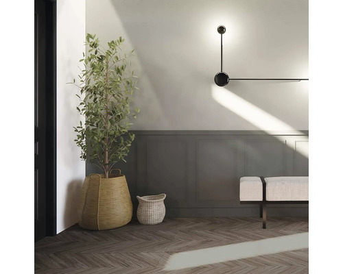 Interior decorativ cu plantă de interior, coș și lampă de perete