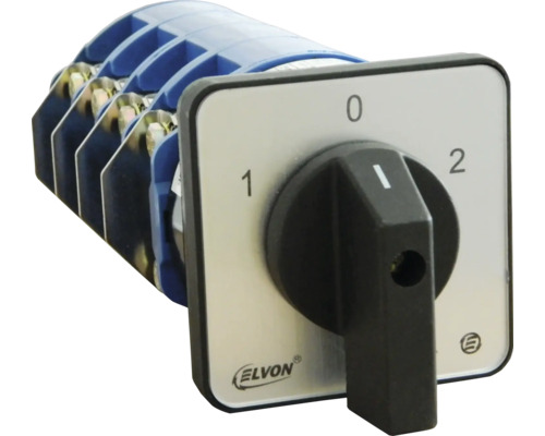 Comutator cu came Elvon EV126 1-0-2 4P 160A Comutator rotativ cu mâner negru și logo ELVON