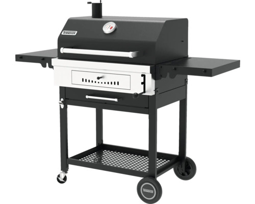 Grătar pe cărbune cu suprafețe de depozitare și cărucior