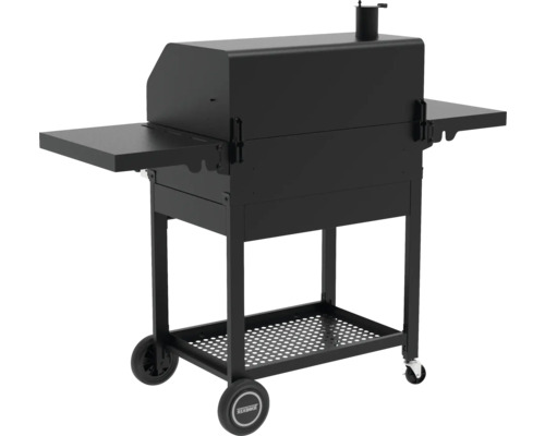 Grătar negru pe cărbune cu rafturi și roți