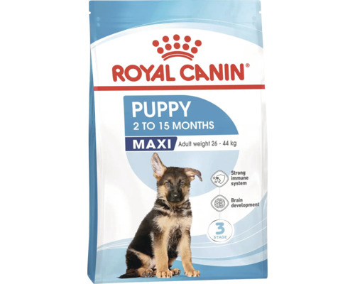 Hrană pentru căței Royal Canin Puppy Maxi pentru căței de la 2 la 15 luni, cu o greutate de 26-44 kilograme.