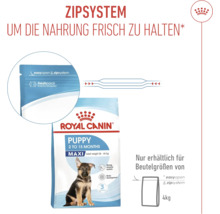 Hrană pentru căței Royal Canin Puppy Maxi cu sistem de închidere cu fermoar pentru a menține hrana proaspătă. Disponibilă doar pentru dimensiunile sacilor de 4 kilograme.