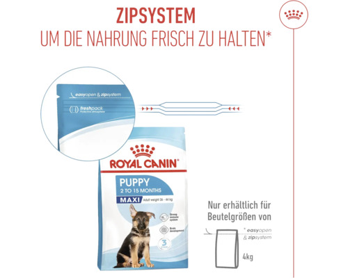 Hrană pentru căței Royal Canin Puppy Maxi cu sistem de închidere cu fermoar pentru a menține hrana proaspătă. Disponibilă doar pentru dimensiunile sacilor de 4 kilograme.