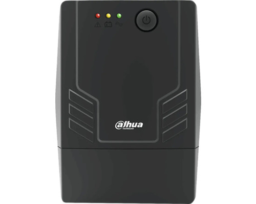 Sigla Dahua sub luminile de avertizare și un buton de alimentare pe o sursă de alimentare neîntreruptibilă