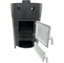 Sobă neagră cu ușa deschisă la camera de ardere și recipient pentru cenușă