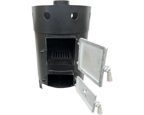 Sobă neagră cu ușa deschisă la camera de ardere și recipient pentru cenușă