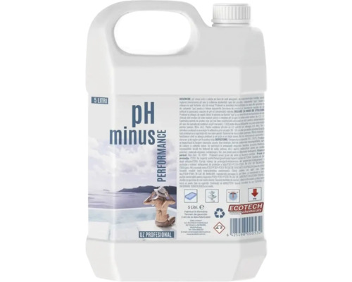 Lichid pH minus într-un recipient de 5 litri pentru întreținerea piscinei