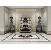 Interior elegant cu dulap, scaune și podea cu model