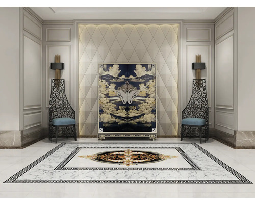 Interior elegant cu dulap, scaune și podea cu model