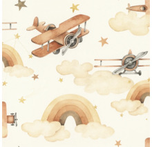 Ilustrație cu avioane, stele, nori și curcubee