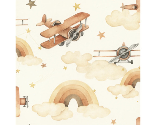 Ilustrație cu avioane, stele, nori și curcubee