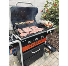 Grătar pe gaz cu carne și legume pe grătar în grădină.