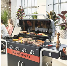 Grătar pe gaz cu alimente la grătar pe grătar într-o scenă de grădină