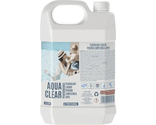 Floculant lichid pentru limpezirea apei, în recipient de 5 litri.