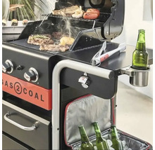 Grătar pe gaz și cărbune cu alimente la grătar, suport pentru băuturi, deschizător de sticle și cutie frigorifică