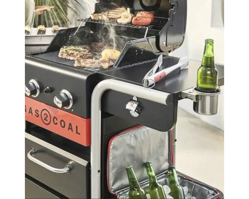 Grătar pe gaz și cărbune cu alimente la grătar, suport pentru băuturi, deschizător de sticle și cutie frigorifică